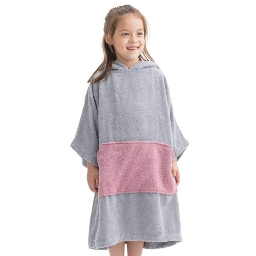 Poncho de baie pentru copii Homelevel, 6-9 ani, Gri / Roz, Bumbac organic, 54880.52.42
