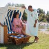 Poncho de baie cu broderie Homelevel, L-XL, Albastru, Bumbac organic, 54977.20