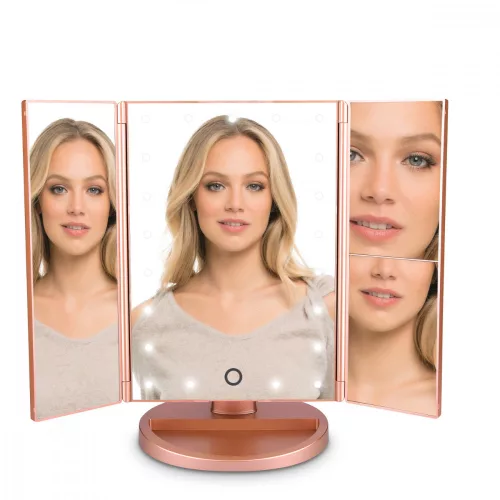 Oglinda Cosmetica cu 3 fete, Iluminare LED, marire 3x, pliabila, 43457.89