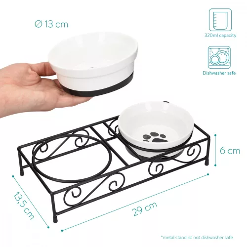Set 2 Boluri din ceramica pentru caini si pisici Navaris cu suport metalic, 320 ml, 46947.1
