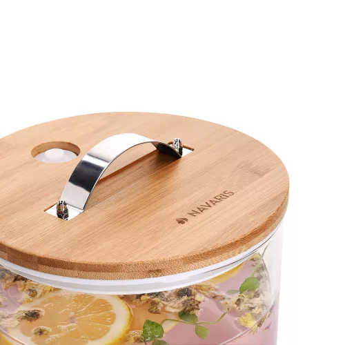 Dozator bauturi Navaris, din sticla borosilicata, 5L, robinet inox si suport din bambus, pentru bauturi calde si reci,Transparent