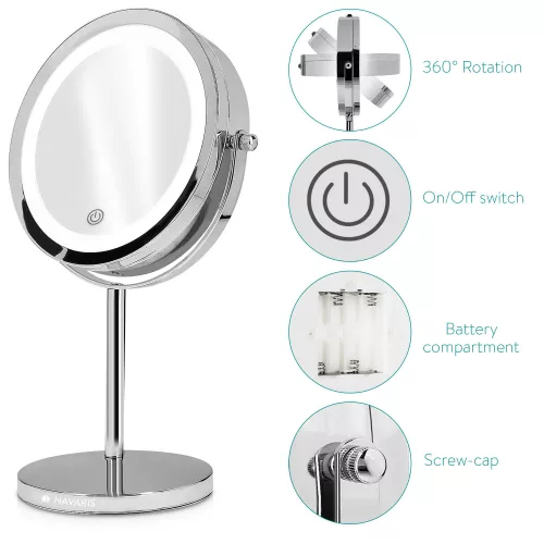 Oglinda Cosmetica cu suport, Iluminare LED, senzor tactil reglabil, marire 5x, reglabila 360 °, 48930.42