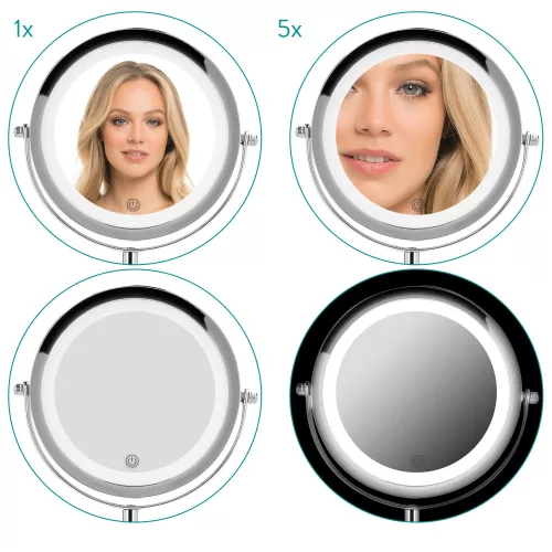 Oglinda Cosmetica cu suport, Iluminare LED, senzor tactil reglabil, marire 5x, reglabila 360 °, 48930.42