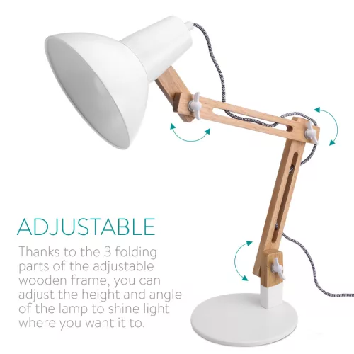 Lampa de masa Navaris, birou din lemn, 38 cm, design minimalist, alba, lumina ambientala, alb, lemn