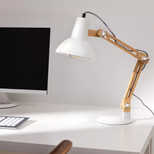 Lampa de masa Navaris, birou din lemn, 38 cm, design minimalist, alba, lumina ambientala, alb, lemn