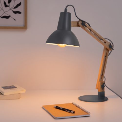 Lampa de masa Navaris, birou din lemn, 38 cm, design minimalist, gri/gri inchis, lemn