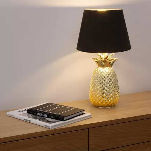 Lampa de masa Navaris, design ananas, 40 cm, soclu E27, ambient interior, negru/auriu, ceramica