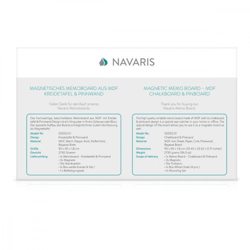 Tabla magnetica combinata cu creta si pluta Navaris, 90 x 60 cm, 50002.01