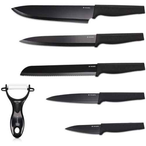 Set 5 cutite de bucatarie Navaris din otel inxoidabil, 1 cutit de curatat din ceramica, Negru, 48366.06.02