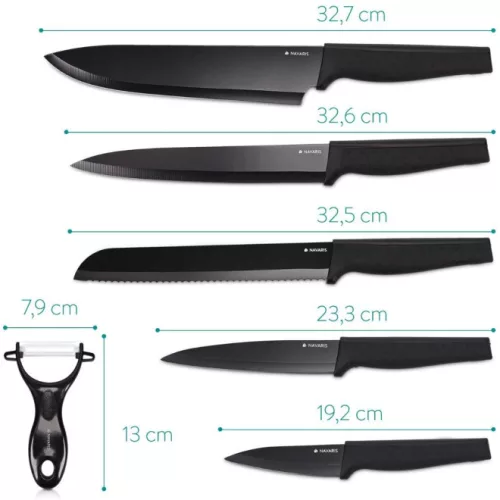 Set 5 cutite de bucatarie Navaris din otel inxoidabil, 1 cutit de curatat din ceramica, Negru, 48366.06.02