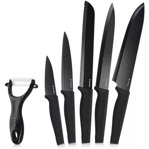 Set 5 cutite de bucatarie Navaris din otel inxoidabil, 1 cutit de curatat din ceramica, Negru, 48366.06.02