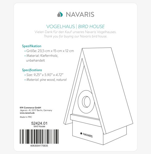 Casuta pentru pasari Navaris, acoperis in doua ape, 23.5x15x12 cm, maro, lemn, 52424.01