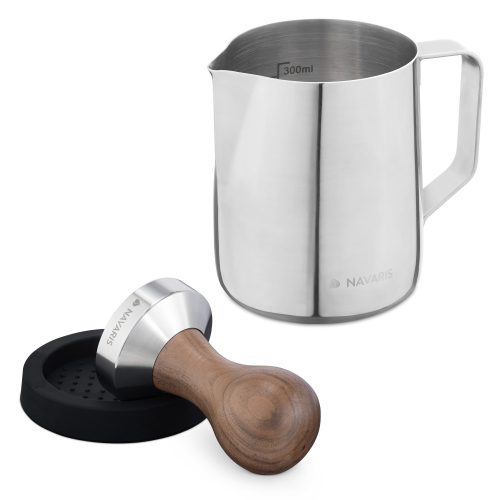 Set Latiera din inox si tamper cu maner din lemn de nuc Navaris, 51 mm, Covoras, 53238.01.02