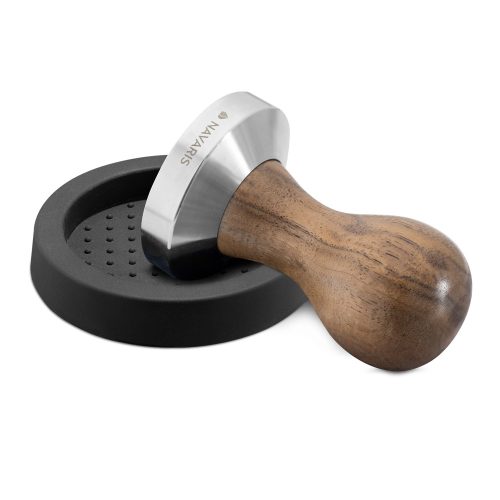 Tamper din otel inoxidabil cu maner din lemn de nuc Navaris, 58 mm, Covoras, 51802.01.30