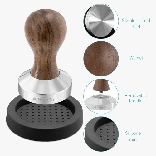 Tamper din otel inoxidabil cu maner din lemn de nuc Navaris, 58 mm, Covoras, 51802.01.30