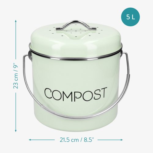 Cos compost Navaris, 3 filtre carbune activ, 5L, maner transport, bucatarie, verde menta, verde, otel