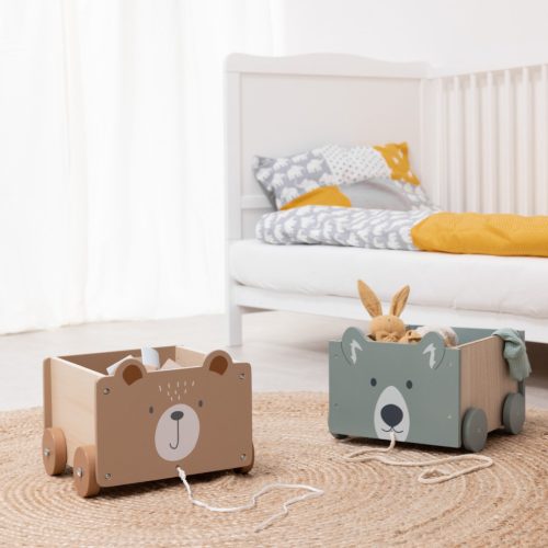 Cutie depozitare jucarii cu roti Navaris, model ursulet, 26.4x20x25.8 cm, maro, textil/plastic