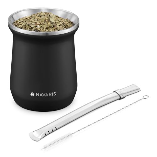 Cana Yerba Mate Navaris, 1 pai, 1 perie, 300 ml, inox, negru, 54274.01.01