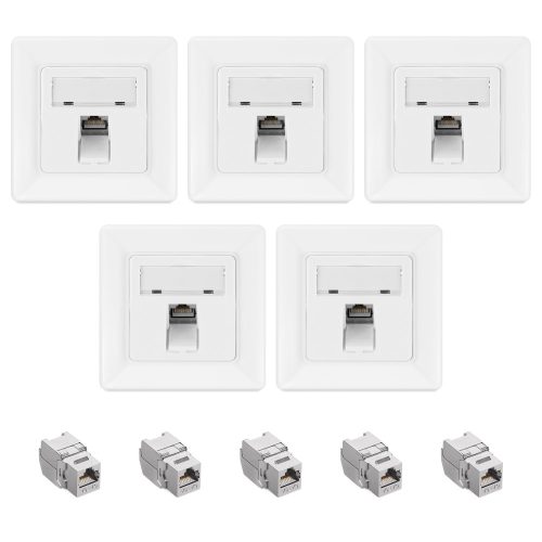 Set 5 Prize ecranate de retea RJ45 cu 5 mufe CAT 6A, Kwmobile, Alb, Metal, 54571.01.05
