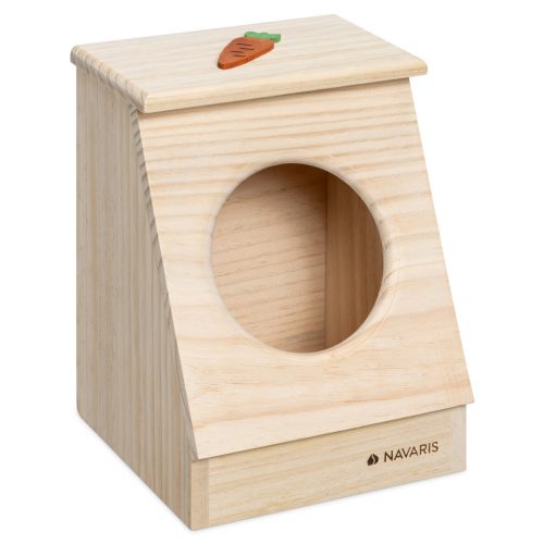 Hranitor fan Navaris din lemn pentru iepuri si rozatoare, 18x17x23 cm, cu capac, 55332.1