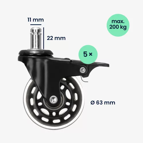 Set 5 Roti pentru scaun de birou tija 11 mm, Kwmobile, Negru, Poliuretan, 55604.01