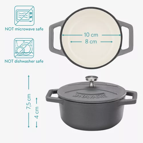 Set 4 Mini Oale din fontă Navaris, 10.5 cm, 290 ml, pentru cuptor si plita, negru/alb, 49079.04.03