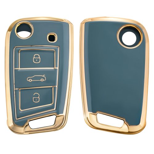 Husa Cheie Auto pentru VW / Skoda / Seat - 3 Butoane, kwmobile, Silicon, Albastru / Gold, 56006.03