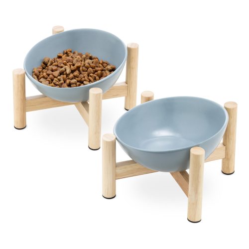 Set 2 Boluri de ceramica pentru animale Navaris cu suport din lemn, 300 ml, 56079.04