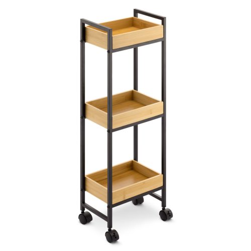 Raft baie Navaris cu roti, 3 rafturi, 27x18x82 cm, mobil si ingust, maro/negru, bambus