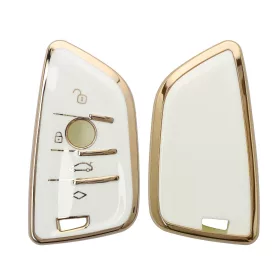   Husa Cheie Auto pentru BMW 3 Butoane - Smart Key, Kwmobile, Alb/Auriu, Silicon, 56001.02