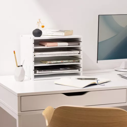 Organizator documente Navaris, 33x24.5x26 cm, rafturi reglabile, birou, alb, MDF/bambus