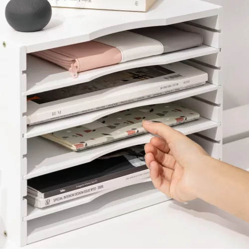 Organizator documente Navaris, 33x24.5x26 cm, rafturi reglabile, birou, alb, MDF/bambus