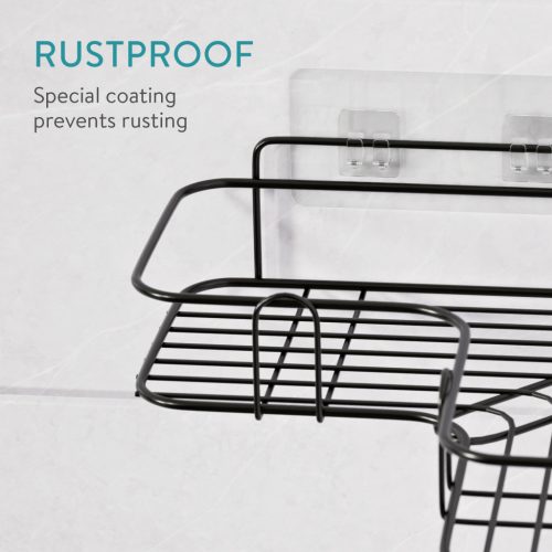 Set 2 rafturi dus colt Navaris, autoadezive, 26.5x26.5x7 cm, negru, metal