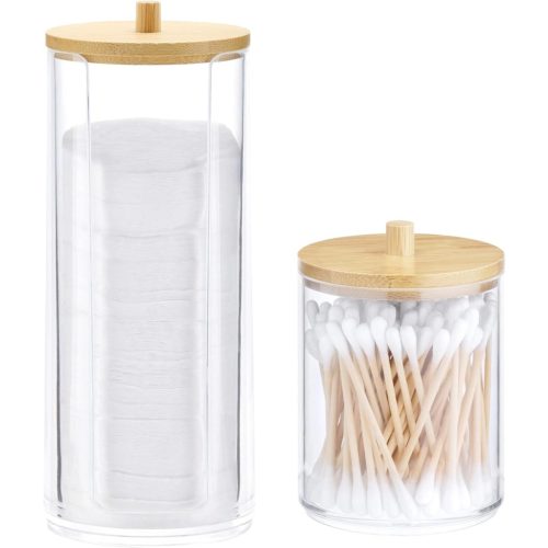 Organizator cosmetice, dischete demachiante si betisoare urechi, transparent, 2 compartimente, plastic/bambus, Navaris, 59140.03