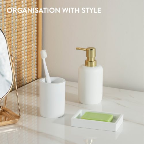 Set accesorii baie Navaris, 3 piese, suport periute, dozator si savoniera, polirasina, alb, rasina