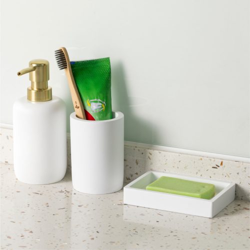 Set accesorii baie Navaris, 3 piese, suport periute, dozator si savoniera, polirasina, alb, rasina