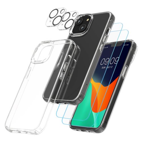 Set Husa si 2 Folii protectie fata/camera foto Apple iPhone 14, Transparent, Plastic/Sticla securizata, 61824.03