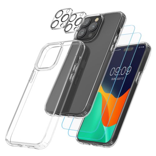 Set Husa si 2 Folii protectie fata/camera foto Apple iPhone 14 Pro Max, Transparent, Plastic/Sticla securizata, 61826.03