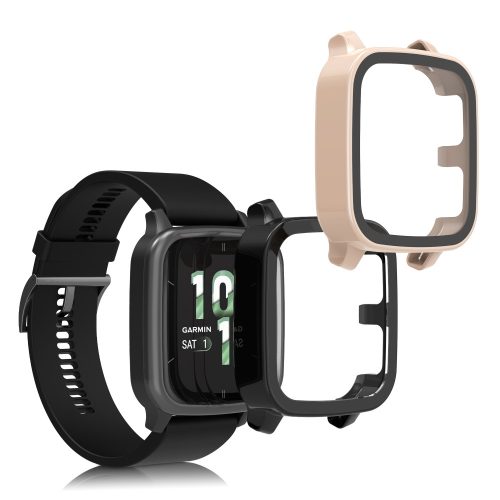 Set 2 Huse Kwmobile cu sticla securizata pentru Garmin Venu Sq 2 Music, Negru/Roz, Plastic, KWM000024ZF005C