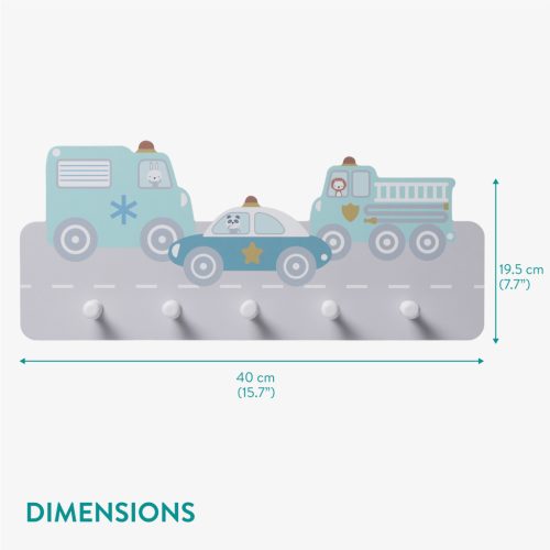 Cuier perete copii Navaris, tematica masini, 5 agatatori, 43x18.5x4 cm, multicolor, MDF