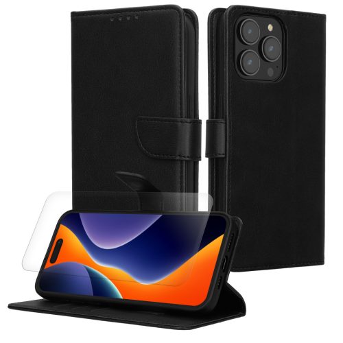 Set Husa si Folie de protectie Apple iPhone 15 Pro, Negru, Piele ecologica/Silicon, KWM000022VC001C
