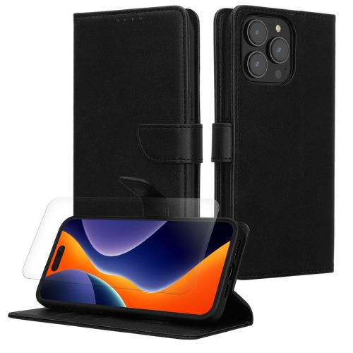 Set Husa si Folie de protectie Apple iPhone 15 Pro Max, Negru, Piele ecologica/Silicon, KWM000022VD001C