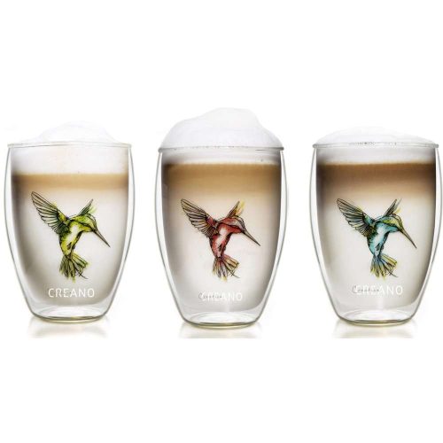 Set 6 pahare termice Creano Hummi, 250 ml, sticla borosilicata, perete dublu, decor colibri