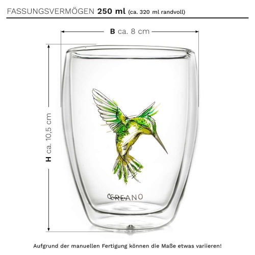 Set 6 pahare termice Creano Hummi, 250 ml, sticla borosilicata, perete dublu, decor colibri