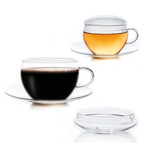   Set 2 cani din sticla Creano, 200 ml, cu farfurioara si capac, pentru ceai si cappuccino