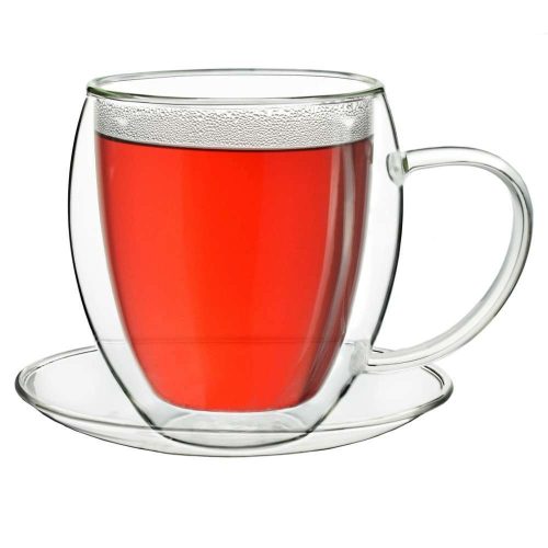 Set 2 cani termice Creano, 250 ml, sticla borosilicata, perete dublu, cu farfurioara