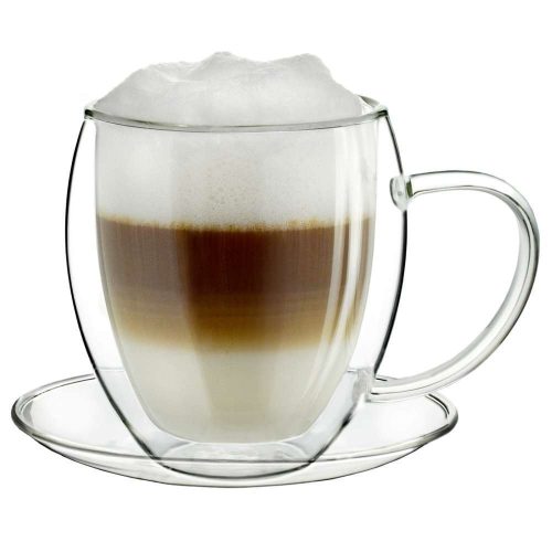 Set 2 cani termice Creano, 250 ml, sticla borosilicata, perete dublu, cu farfurioara