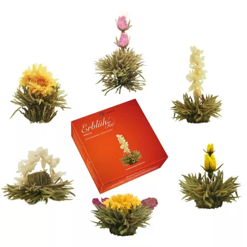 Set cadou Creano ErbluhTee Mix, 6 bile ceai alb cu flori si ceainic din sticla 500 ml