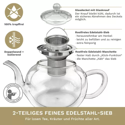 Ceainic termic Creano, 1,2 L, sticla perete dublu, cu infuzor din inox, anti-picurare