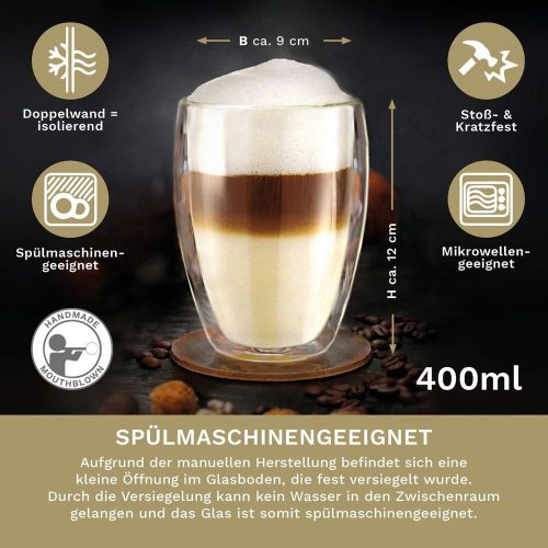 Set 4 pahare termice XXL Creano, 400 ml, sticla borosilicata, perete dublu, pentru latte